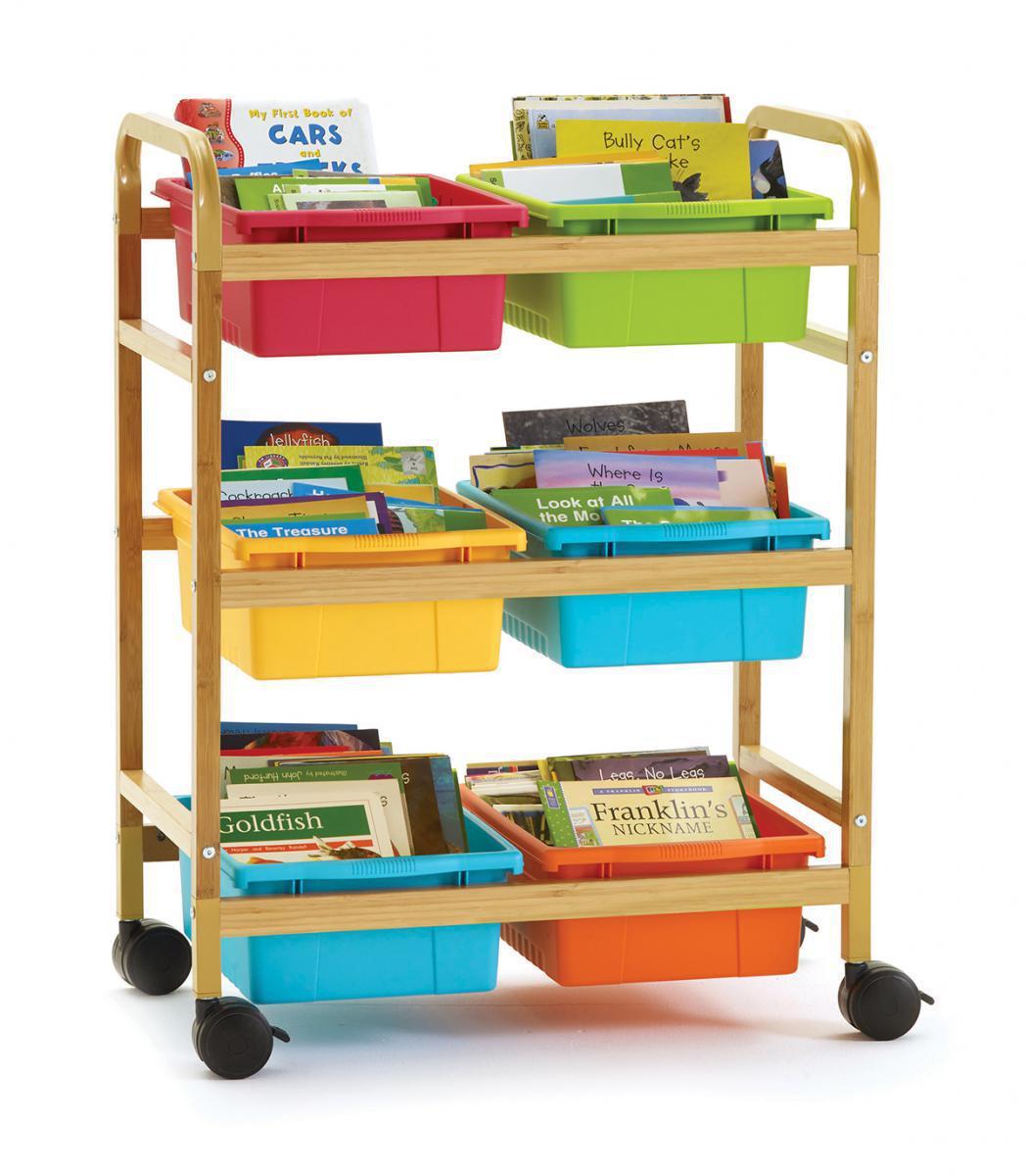Small Bamboo Book Browser Cart with Vibrant Tubs